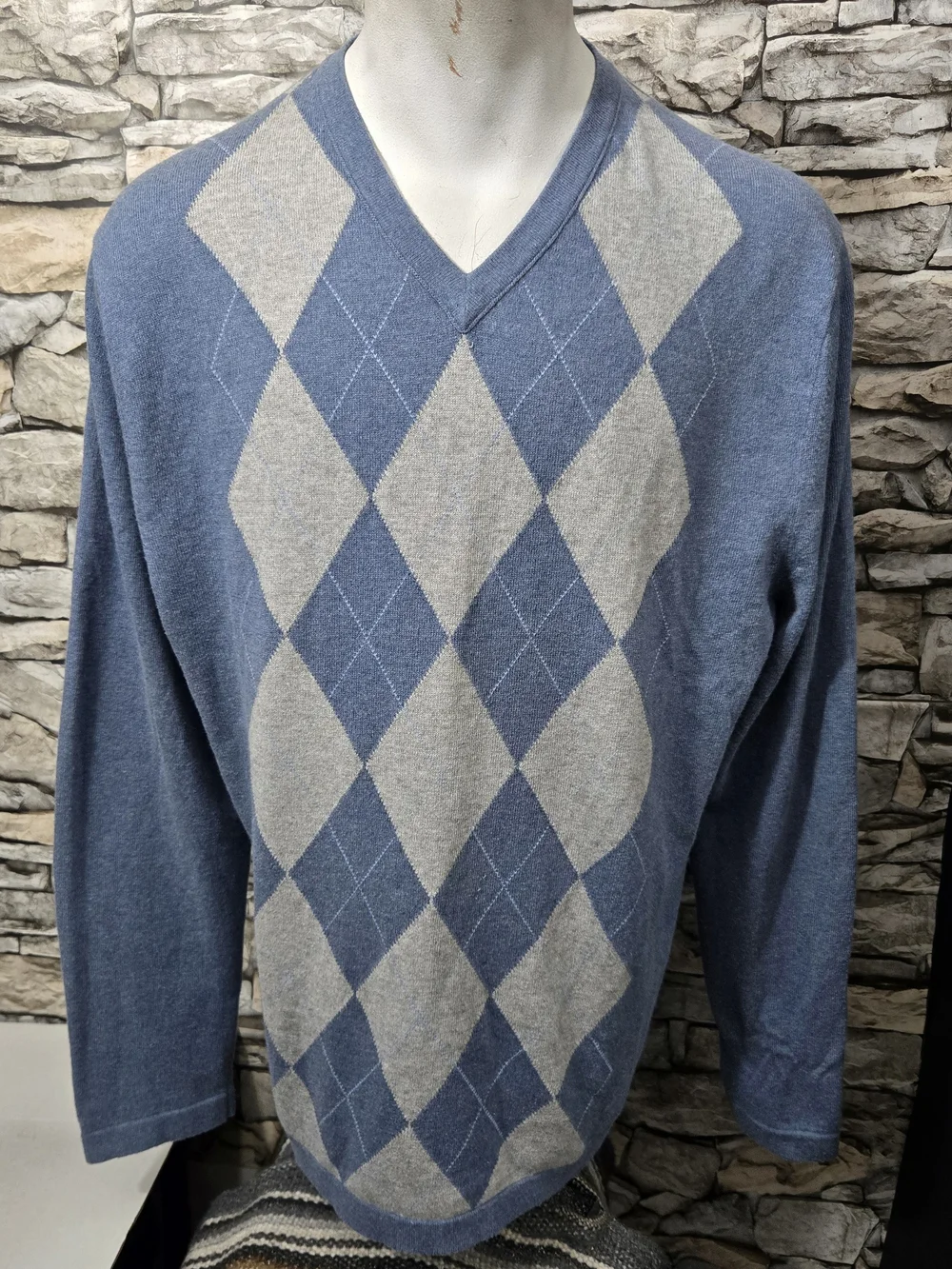 Banana Republic Vintage Men XL Argyle V-Neck Sweater Cotton Cashmere Blue Grey